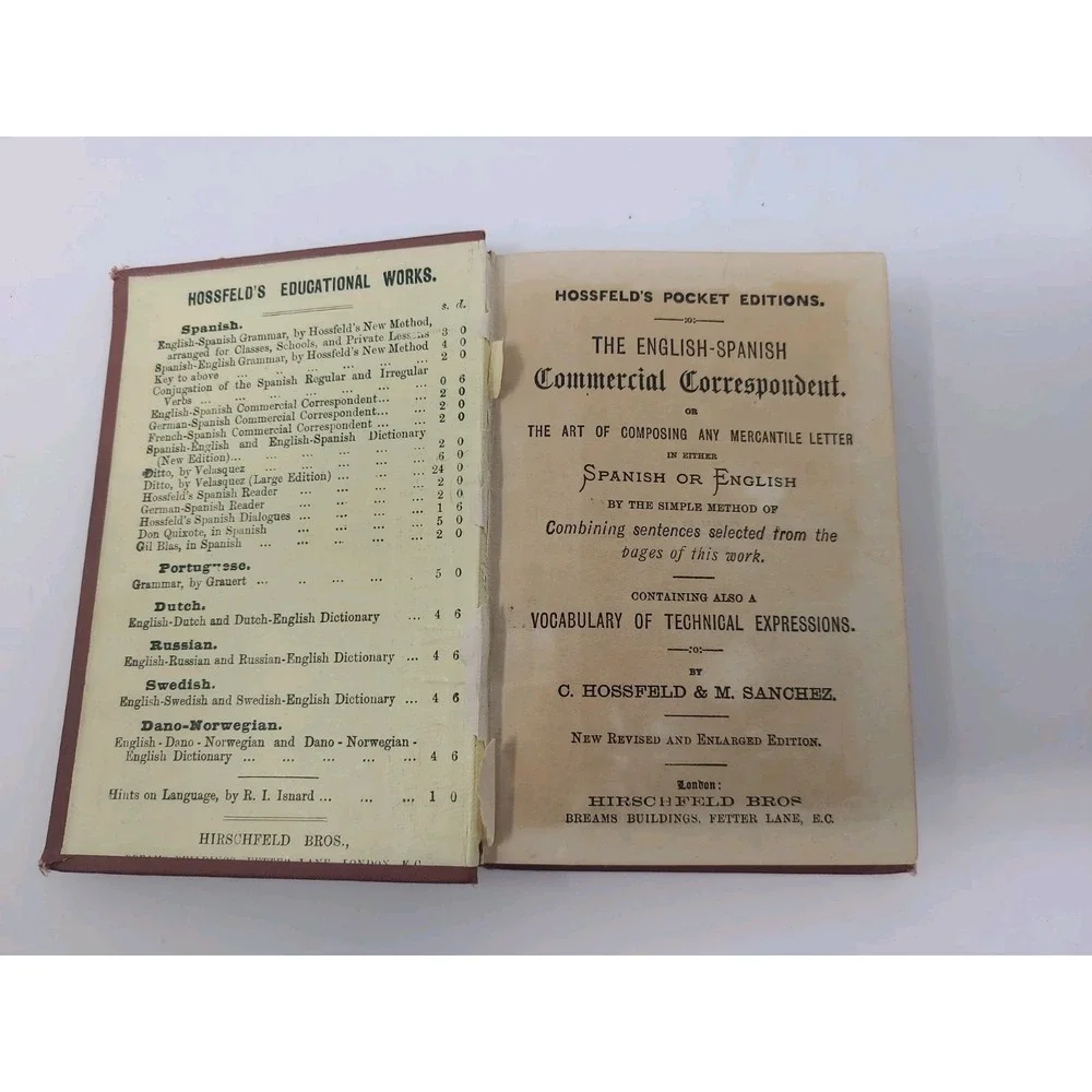 Antq 1895 English-Spanish Commercial Correspondent Hossfeld's Pocket Book London